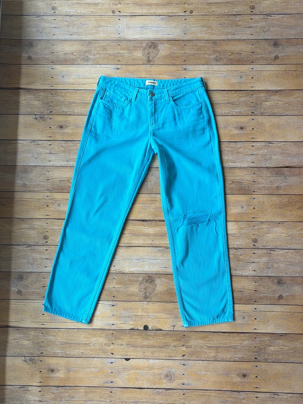 NWOT-L'AGENCE Nevia Slouchy Straight Aqua Distressed Jeans Size-27